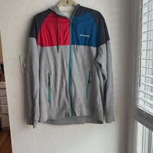 Columbia Red and Teal Colorblock Hooded Jacket Sweatshirt